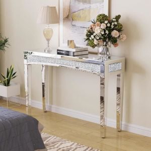 Table Console en Verre Miroir UNHO - 120x35x80.5cm - Argenté - Diamant Écrasé