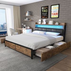 Lit 180x200 cm avec 4 tiroirs cadre de lit lit adulte avec LED 4 tiroirs en fer avec tete de lit Noir PU