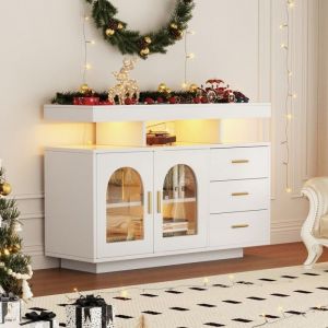 Buffet LED 120x40x80cm meuble bar cafe tiroirs salon cuisine brillant 16 lumi&egrave;res couleur salle &agrave; manger blanc