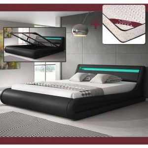 Lit Coffre avec Matelas Texas 160x200cm  Couleur Noir LED  Matériaux bois et simili cuir  Rangement  PARISINA
