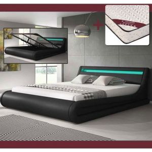 Lit Coffre avec Matelas Texas 160x200cm | Couleur Noir LED | Matériaux bois et simili cuir | Rangement |  PARISINA