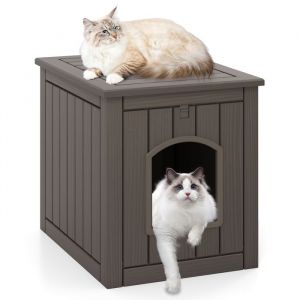 Maison pour Chat dIntérieur Extérieur COSTWAY Porte dEntrée Basculante Plancher Surélevé Abri Imperméable pour Chiots Gris