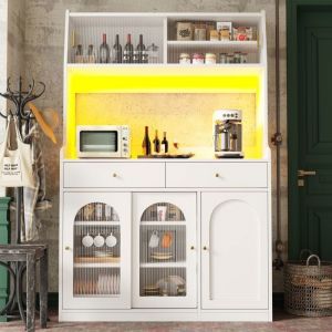 Buffet salonBuffet haut de cuisineBuffet bahut avec LEDEtagère réglable5 portes 2 tiroirsArmoire hauteVitrineModerneBlanc