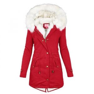 Manteau Femme a Capuche DHiver Doudoune Femme Doublure Polaire Parka Femme Chic Slim Mi-Longue Chaude Veste avec Poches - Rouge
