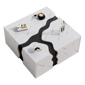 Table Basse Cube Effet Marbre avec Tiroir Design Moderne pour Salon Panneau de Particules 70x70x31 cm Blanc