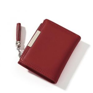 Portefeuille en Cuir Pu Pour Femmes Petit Porte-Monnaie &agrave; Pompon Poche Simple Vin Rouge