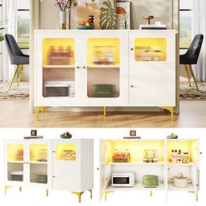 Buffet de salon bas moderne Meuble dEntrée Elégant à éclairage LED Buffet bahut 4 Portes Commode moderne Blanc 140x40x90 cm