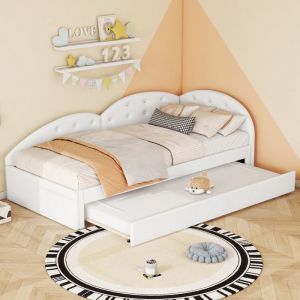 Lit gigogne 90x200/80x190 cm en PU avec Tête de lit rembourrée Lit doubleCanapé-lit avec sommier à lattes Cadre de litblanc