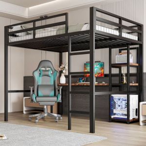Lit mezzanine 140x200 cm avec bureau avec prise secteur - lit enfant avec USB Type-C  escabeau &eacute;tag&egrave;res multiples - m&eacute;tal - Noir