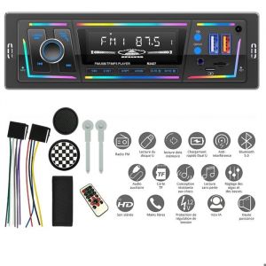 Autoradio Bluetooth 1 Din Color&eacute; Radio Voiture Bluetooth 5.0 - FM/AM Autoradio 2 USB/MP3/AUX/SD/iOS/Android/DSP/EQ