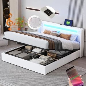 Lit Coffre Adulte - REDOM - 160x200cm - Cuir PU Blanc - Bande LED - Bluetooth - USB