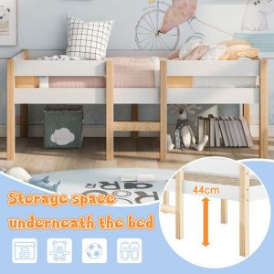 Lit enfant mi-hauteur 90x190 en bois de pin massif - Sommier inclus - Blanc et Chêne