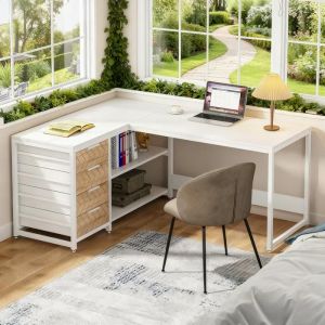 Bureau dangle en Forme de L-Etagères de rangement-Support Décran-Grand plateau-bureau gaming angle-150 x 120 x 75cmBlanc