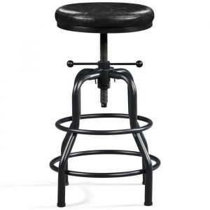 Yaheetech Tabouret de Bar en Similicuir Tabouret Haut Rond R&eacute;glable en Hauteur avec Deux Repose-Pieds Chaise de Cuisine M&eacute;tal Noir