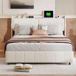 Lit 160x200 avec Rangement et USB&ndash;avec 4 Tiroirs&ndash;Cadre de Lit Rembourr&eacute; en PU&ndash;avec Sommier&ndash;2 Places&ndash;Adulte/Ado&ndash;Blanc