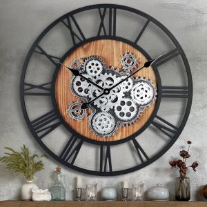 Horloge Murale Engrenages Mobiles Geante 57cm Industrielle Bois Vintage Pendule Murale Steampunk Design Chiffres Romains