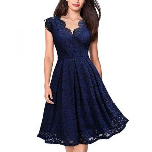 Robe de Soirée Femme Dentelle Sans Manches Col en V Robe Robe de Demoiselle dhonneur Mi-longue Couleur Unie - Bleu marine