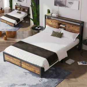 Lit coffre adulte 140x200 cm tête de lit rangement et sommier à lattes en métal - en métal +MDF - Style industriel - Natural
