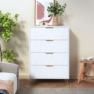 Commode blanche &agrave; 4 tiroirs - motif en losange - Meuble Rangement Moderne - Table de chevet  - Manche et Pieds Couleurs Dor&eacute;es