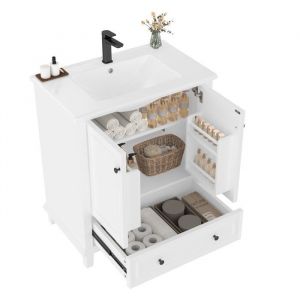 Meuble SDB Vasque C&eacute;ramique Pieds Bois Massif-Laqu&eacute; Hydrofuge Blanc 76x46x87cm Grand Rangement Salle de Bain Pratique