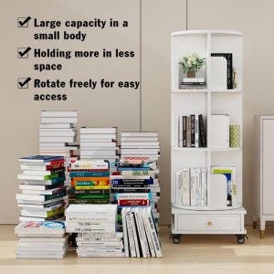 Haut 115cm Bibliothèque rotative à 360° avec tiroir pour salon chambre bureau Etagère de rangement tournante avec roulettes