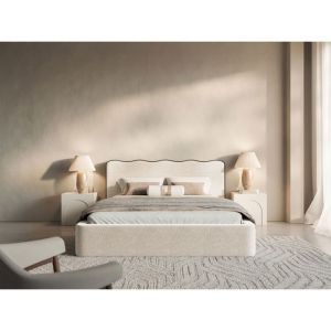 Lit tapissé avec coffre – DUNEY – 180x200 cm – en tissu tressé beige clair