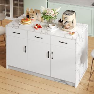 Grand &icirc;lot central de cuisine 120 cm - Plan de travail marbre organisation optimale (3 tiroirs/3 portes) am&eacute;nagement bar int&eacute;gr&eacute;