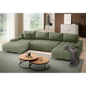 Canapé d’angle en U Draco Vert – convertible avec coffre tissu facile à nettoyer design minimaliste