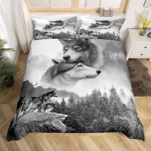 Loup Housse de Couette Impression 3D danimaux Parure de Lit 220x240cm avec 2 taies doreiller 65x65cm Ensemble de Literie