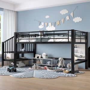 Lit mezzanine enfant 90×200 cm Lit mi-hauteur Lit simple en métal avec escalier de rangement et sommier à lattes - noir