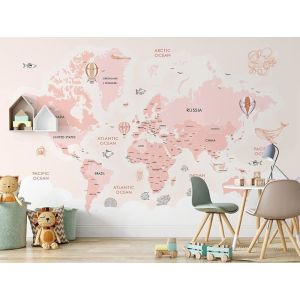 Papier Peint Panoramique Fille Rose De La Carte Du Monde 3D Poster Mural pour Salon Chambre Décoration Murale 350x250cm