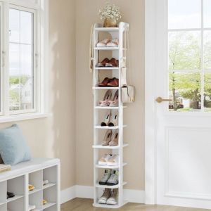 &Eacute;tag&egrave;re &agrave; Chaussures Meuble &agrave; Chaussure &Eacute;troite &agrave; 10 Niveaux &Eacute;tag&egrave;re de Rangement en Bois avec Crochets R&eacute;glable Blanc