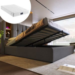Lit double 160x200cm avec chargement sans fil USB Clit adulte cadre de lit avec rangements sommier &agrave; lattes et matelascoton gris