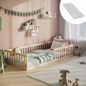 Lit au sol 90x200cm - Lit Montessori en bois de pin - Matelas INLCUS - Lit enfant - Sommier et protection anti-chute - Bois naturel