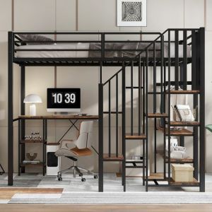 Lit mezzanine 120x200cm meuble dangle avec rangement avec table et étagère de rangement penderie Lit 2 places fer+MDF noir