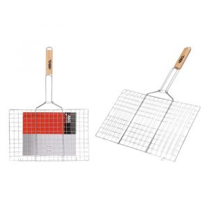 Grille barbecue en m&eacute;tal chrom&eacute; avec manche en bois - BBQ