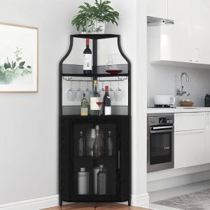 Meuble bar dangle casier &agrave; vin autoportant &agrave; 5 niveaux avec porte-verres et rangement porte grillag&eacute;e 154cm Noir