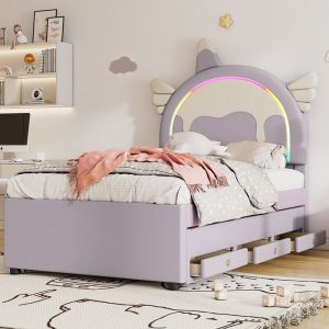 Lit avec tiroirs Lit Lit enfant 90x200 cm en forme de licorne équipé dun lit à roulettes extensible PU Violet