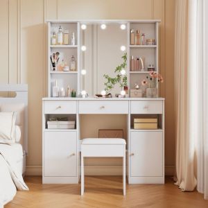 Grande coiffeuse avec &eacute;clairage LED r&eacute;glable miroir et tabouret 3 tiroirs et 2 portes blanche