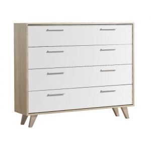 Commode meuble de rangement MILANO de 4 tiroirs avec pieds Chêne Cambrian-Blanc - longueur 103 x profondeur 35 x hauteur 82 cm