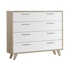 Commode meuble de rangement MILANO de 4 tiroirs avec pieds, Chêne Cambrian-Blanc - longueur 103 x profondeur 35 x hauteur 82 cm