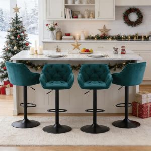 Tabouret de Bar -&nbsp;Lot de 4 Velours - R&eacute;glable en Hauteur - Pivotant avec Dossier et Accoudoirs - AINPECCA  (Bleu-vert)
