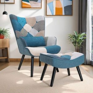 Fauteuil Scandinave de salon en Canvas Patchwork avec Pouf Int&eacute;gr&eacute; &ndash; &Eacute;l&eacute;gance et Confort