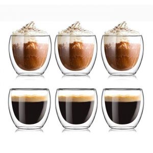Lot de 6 Tasse &agrave; Cafe 80ml Verres &agrave; Expresso &agrave; Double Paroi Tasse Cappuccino R&eacute;sistant &agrave; La Chaleur Verre Borosilicat&eacute; Transparent