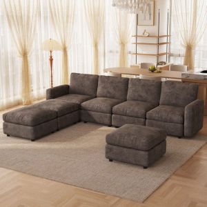 Canap&eacute; d&rsquo;Angle 7 Places en Tissu Marron Fonc&eacute; Modulable Convertible avec M&eacute;ridienne et Pouf Grand Sofa Moderne Salon Confortable