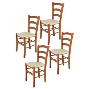 Tommychairs - Set 4 chaises cuisine VENICE structure en bois de h&ecirc;tre peindr&eacute; en cerisier et assise en cuir artificiel ivoire