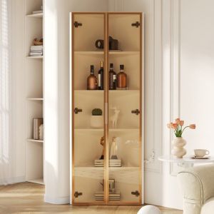 Vitrine d&rsquo;Angle LED en Verre Blanc 62x35x160 cm Meuble de Pr&eacute;sentation avec &Eacute;clairage Int&eacute;gr&eacute; et Portes en Verre Tremp&eacute;