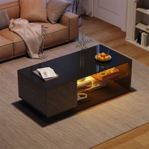 Table Basse Salon Table Basse Rectangulaire Noir Laqué avec Rangement et éclairage LED Table de Salon Moderne Bois 105x50x36 cm
