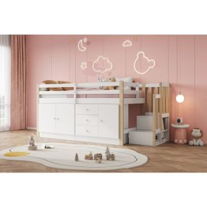 Lit mezzanine enfant avec escalier et rangements EVRYAE