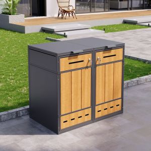 Abri Cache Poubelles pour 2 poubelles 120-240 L Couvercle &agrave; Rabat Porte Verrouillable M&eacute;tal Gris + Bois